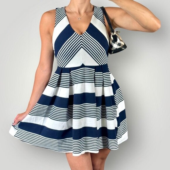 Altar’d State Nautical Fit & Flare Pleated Mini Dress Navy Striped Cocktail S - Picture 1 of 11